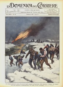 Den tragiske march på jagt efter nødhjælp for dem, der overlevede eksplosionen af ​​vikingehvalfangstskibet, hvad? af Achille Beltrame