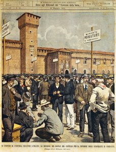 Storstilet byggestrejke i Milano: Offentligt møde i den store gårdhave til Sforzesco Slot, af Achille Beltrame (1871-1945), fra La Domenica del Corriere, 26. maj 1901 af Achille Beltrame