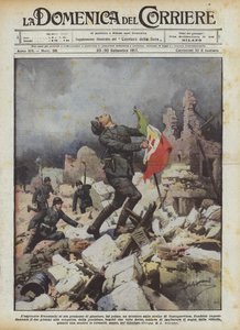 Laspirante Franceschi havde lovet at være den første til at plante en trikolore på ruinerne af Castagnevizza. af Achille Beltrame