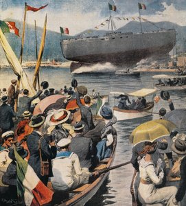 Opsendelse af slagskib Andrea Doria fra Arsenale i La Spezia, panel af Achille Beltrame (1871-1945), La Domenica del Corriere, 6. april af Achille Beltrame