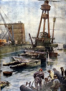 Det tyske slagskib Hindenburg, sænket ved Scapa Flow i Skotland, vendte tilbage til overfladen takket være den engelske flåde efter 7 år tilbragt på bunden af ​​havene. Illustration af Beltrame. Domenica del corriere af Achille Beltrame