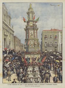 Folkets traditionelle festivaler, den monumentale vogn båret i procession til Casteltermini (Girgenti) af Achille Beltrame