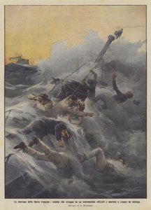 Den franske flådes ulykker, en bølge, der river officerer og matroser ud af en ubåd og drukner fem af dem af Achille Beltrame