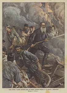 Leo Tolstoi, den store russiske forfatter, slukker branden, der brød ud på et hospice i Bogoroditzk af Achille Beltrame