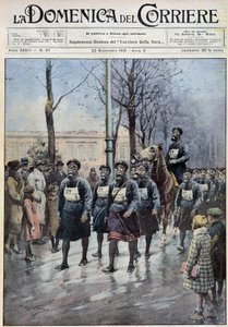 Marts arrangeret i Warszawa for at øve befolkningen i brugen af gasmasker - tegning af A. Beltrame, i "" la Domenica del Corriere"" af 22/11/1931 af Achille Beltrame