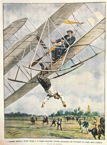 Orville Wright og løjtnant Seliridge styrter med biplan fra tredive meter, USA, illustration af Achille Beltrame fra La Domenica del Corriere, 11. oktober af Achille Beltrame