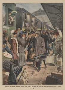 Afgang af dansere, musikere og korsangere fra La Scala i Milano til Paris til en forestilling af Vestale