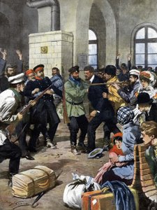 Passagerer blev angrebet på en banegård i Europa af røvere og bestjålet i venteværelset. Ill. de Beltrame. La Domenica del Corriere. 07/1909. af Achille Beltrame