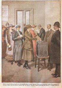 Politiske valg i England: Kvinder, der stemmer for første gang, af Achille Beltrame (1871-1945), fra La Domenica del Corriere, 20. århundrede af Achille Beltrame
