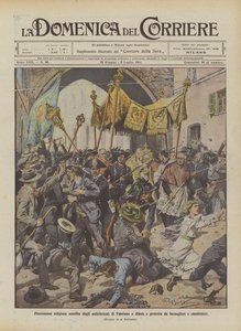 Religiøs procession angrebet af antiklerikale fra Fabriano og forsvaret og beskyttet af Bersaglieri og Carabinieri af Achille Beltrame