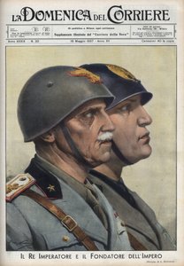 Profiler af kong Vittorio Emanuele (Victor Emmanuel) III og Duce Benito Mussolini, grundlæggeren af imperiet, på vejen for romerske kejsere. Illustration af Achille Beltrame i "La domenica del Corriere"" af 16/05/1937. af Achille Beltrame