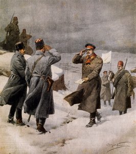 Genoptagelse af krigen, tyrkisk parlamentariker, der ankommer til den bulgarske lejr, bærende budskab om slutningen af våbenstilstand, af Achille Beltrame (1871-1945), illustration fra La Domenica del Corriere, 9. februar af Achille Beltrame