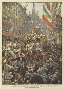 Genoplivning af Milanos carnovalone, det maskerede optog på fastelavnsdag (9. marts) af Achille Beltrame