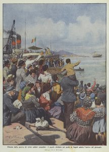Tilbage fra krigen med de første udskrevne soldater siger de overfyldte mennesker i havnen i Napoli hej? af Achille Beltrame