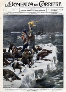 Sælfiskere, hvoraf nogle døde, forblev strandet på havets drivende is. Ill. de Beltrame. "" La Domenica del corriere"". 12-19/04/1914. af Achille Beltrame
