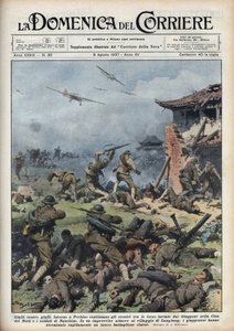 Anden kinesisk-japanske krig (1937-1945): sammenstød mellem japanske og kinesiske våben nær Pekin, japanerne udrydder hurtigt en hel kinesisk bataljon. Illustration af Achille Beltrame fra "La domenica del corriere"" af 08/08/1937. af Achille Beltrame
