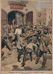 Alvorlig arbejdsmangel i Apulien, ovne bliver stormet af Cerignolas arbejdsløse, af Achille Beltrame, illustration, Illustrator Achille Beltrame (1871-1945), fra La Domenica del Corriere, 20. december 1908 af Achille Beltrame