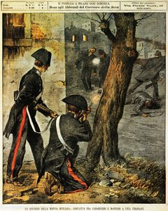 Siciliansk mafiabegivenhed, Kamp mellem carabinieri og mafiagangstere i Trapani, af Achille Beltrame, illustration, Illustrator Achille Beltrame (1871-1945), fra La Domenica del Corriere, 31. december 1899 af Achille Beltrame