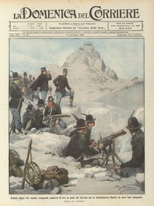 Alpesoldater, der udfører skydemanøvrer med maskingeværer ved foden af Matterhorn?