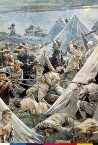 Sydafrika. Anden Boerkrig. Angreb på den engelske lejr Tweefontein (1902). Illustration af Achille Beltrame. Gravering. af Achille Beltrame