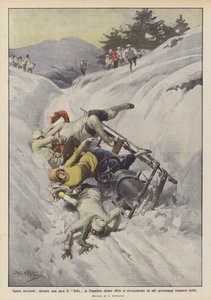 Vintersport, under et bob-løb i Engadin væltede nogle slæder omkuld, og høje ? af Achille Beltrame