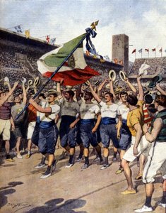 De Olympiske Lege i Stockholm 1912: det vindende italienske gymnastikhold. Ill. d