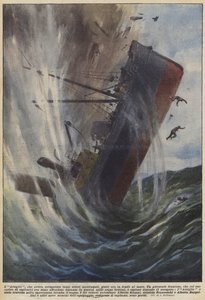 Kloen, som havde fundet så mange skibbrudne skatte, ligger nu på bunden af havet (farve litho) af Achille Beltrame