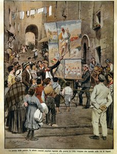 Domenica del Corriere (italiensk søndagsavis) fra 8. december 1910, Folkesange inspireret af krigen i Libyen sunget i Napoli af balladesangere, af Achille Beltrame, illustration af Achille Beltrame