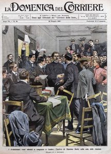 Maxim Gorkis ankomst til mødelokalet på kongressen i London efter revolutionen i 1905 i Rusland. Forside af La Domenica del Corriere fra 26/05/1907. af Achille Beltrame