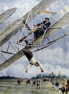 Luftens dramaer: Orville Wright og den amerikanske løjtnant Selfridge skynder sig med deres fly fra tredive meters højde. Illustration af Beltrame. La Domenica del Corriere. 1908. af Achille Beltrame