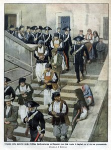 Den sidste bande af sardinske malfrater, da de forlader Assize-domstolen i Cagliari, hvor retssagen finder sted. Illustration af Beltrame. La Domenica del Corriere. 07/1913. af Achille Beltrame