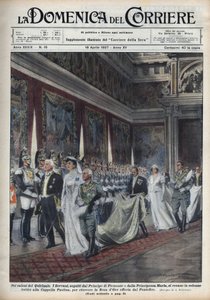 Kongeparret, Victor Emmanuel III (Victor-Emmanuel) (1869-1947) og hans kone Helene af Montenegro blev fulgt af prins Humbert (Umberto) II og Mary Jose (Marie-Jose af Belgien, Maria José af Savoie). til Pauline Chapel (Paul af Achille Beltrame