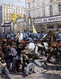 Arbejdernes strejker i Marseille: husarerne, der har ansvaret på Canebière. Illustration af Beltrame. La Domenica del corriere. 1901. af Achille Beltrame