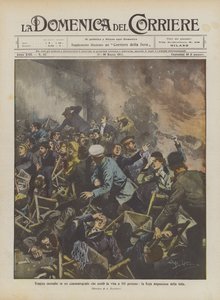Tragisk biografbrand, der kostede 183 mennesker livet, ængstelig menneskemængde flygter af Achille Beltrame