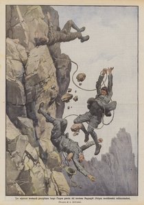 Tre langobardiske bjergbestigere falder langs Magnaghi-tårnets forrevne mur (det sydlige Grigna) og knuser af Achille Beltrame