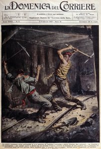 To franske og portugisiske minearbejdere kæmper med deres økser i et galleri på grund af en kærlighedshistorie - tegning af A. Beltrame, i "La Domenica del Corriere"" den 1. februar af Achille Beltrame