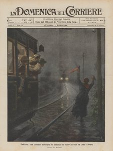 Ydmyge helte, en jernbaneperson, der forhindrer en togulykke mellem Luino og Novara af Achille Beltrame