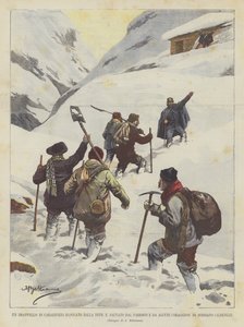 En troppe af carabinieri blev blokeret af sne og reddet af sognepræsten og nogle modige mennesker fra Boissano (Albenga) af Achille Beltrame