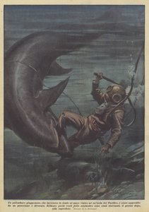 En japansk dykker, der arbejder på bunden af havet nær en ø i Stillehavet?
