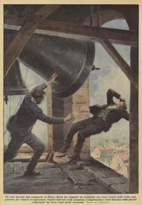 En dødbringende flugt fra klokketårnet i Posta (Rieti) gjorde en bonde, der gik til aften? af Achille Beltrame