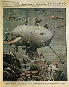 Undersøisk havfartøj til udforskning af havbunden, illustration af Achille Beltrame (1871-1945), fra La Domenica del Corriere, 1. marts af Achille Beltrame