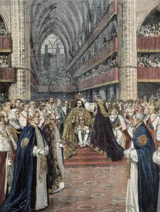 Storbritannien (1901). Kroningen af Edward VII i Westminster Abbey. Illustration af Achille Beltrame udgivet i Domenica del Corriere. Gravering. af Achille Beltrame