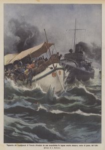 Vaporetto af Canalgrande i Venedig sænket af en torpedobåd i lagunen på vej tilbage?