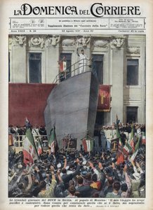 Besøg af hertugen Benito Mussolini til Messina under en rejse til Sicilien. Illustration af Achille Beltrame fra "La domenica del corriere"" af 22/08/1937. af Achille Beltrame