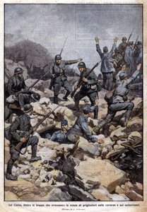 Første Verdenskrig: Italiensk front på Carso-plateauet (Trentino) og fanger i undergrunden. "Domenica del Corriere". 07/1917 (litografi) af Achille Beltrame