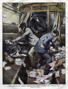 banditter ved overfaldet i et posttog mellem Napoli og Avellino i 1910. Achilles Beltrame-illustration til Domenica del corriere. af Achille Beltrame