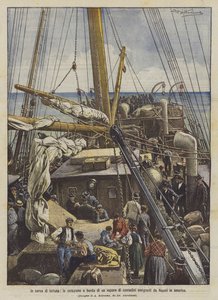 på jagt efter lykken, morgenmad om bord på et dampskib med bønder, der emigrerer fra Napoli til Amerika