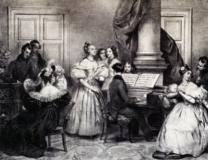 Familiekoncert med klaver, af Achille Deveria (1800-1857), gravering, Frankrig