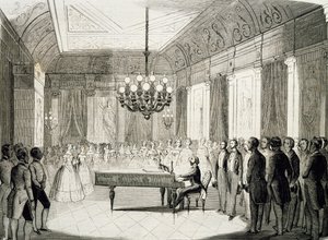 Musikalsk aften med klaver, af Achille Deveria (1800-1857), gravering, Frankrig