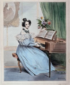 Klokken syv om aftenen, kvinde ved pianoforte ved Devéria, begyndelsen af det 19. århundrede